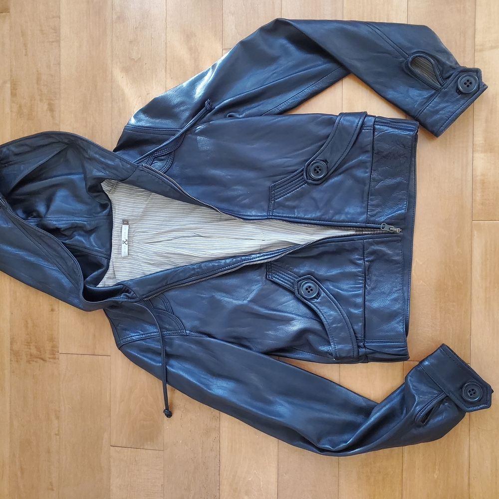 Black Leather Hooded Jacket By Mike & Chris